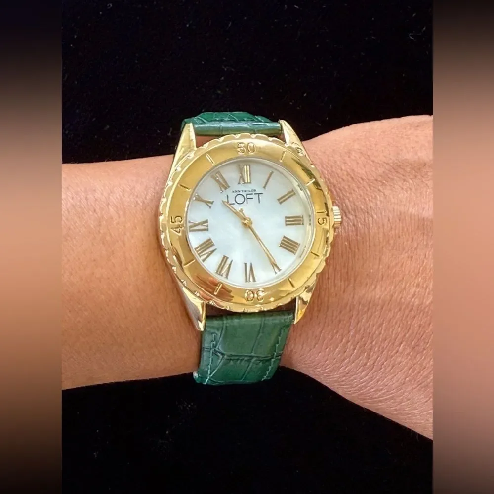 LOFT Gold Tone Green Croc Leather Band Watch Mother Of Pearl Face NWOT